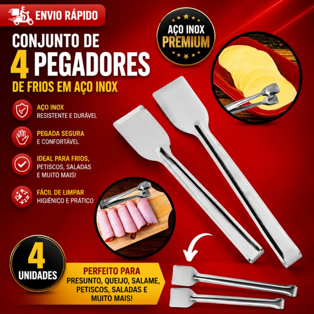 Conj 4 E 2 Pegador de Frios para Presunto Mussarela de Aço Inox Petiscos Salame Salada de Massas