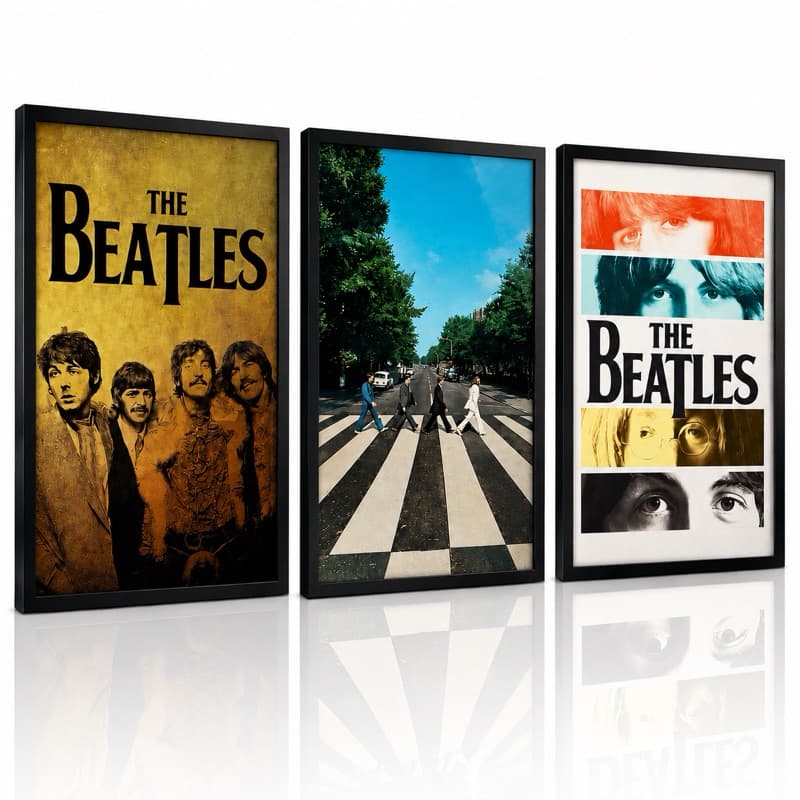 Kit 3 Quadros The Beatles Decorativo Com Vidro Moldura Preta Sala Quarto