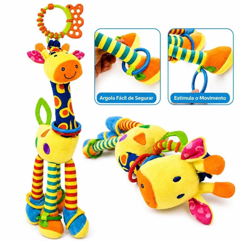 Móbile Girafa Mordedor Chocalho Pelúcia Brinquedo Bebê Menina Menino Sensorial Montessori