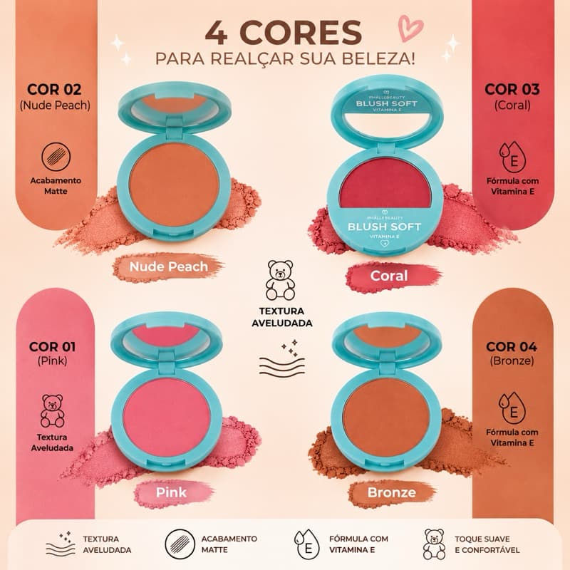 Blush Facial Compacto Soft com Mini Espelho e Vitamina E | 4 Cores | Alta Pigmentação | Efeito Natural e Toque Aveludado
