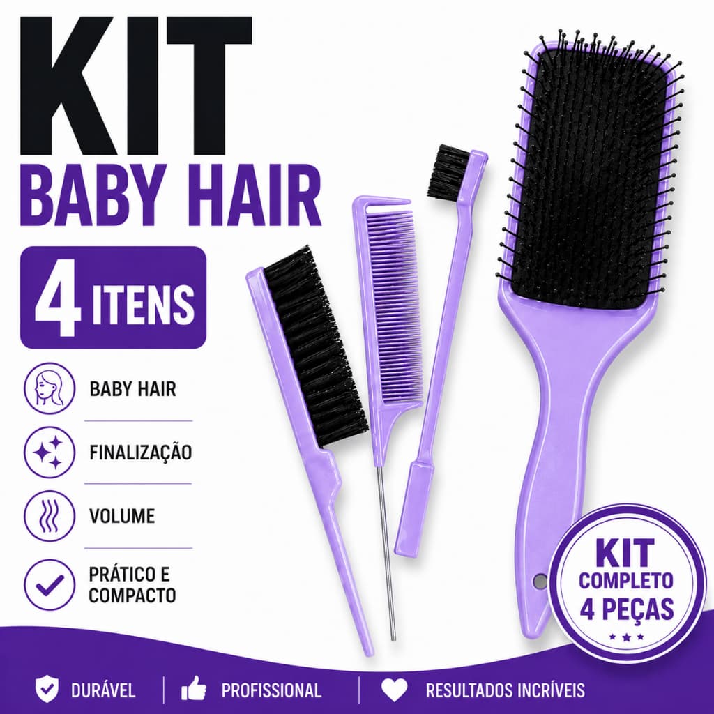 Kit Escovas para Penteado e Finalização Baby Hair + Pente de Cauda Provocadora+ Escova Modeladora Profissional Onda