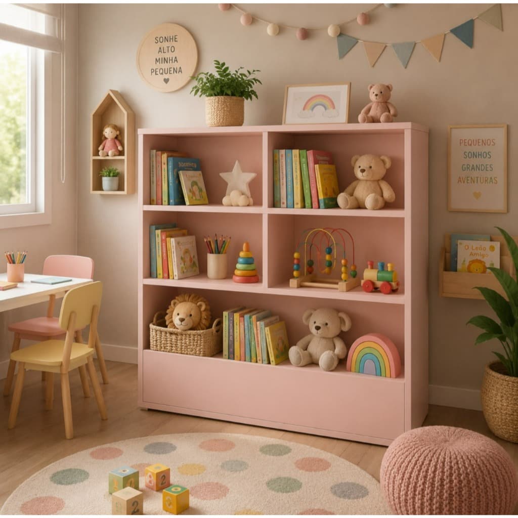 Estante Infantil  Com Nichos para Livros e Brinquedos | Organizador Com 4 Nichos
