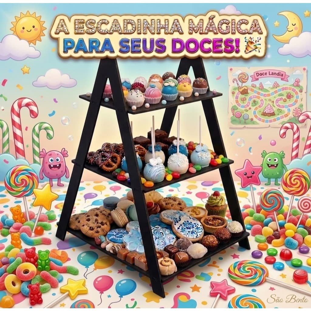 Porta Doces Escadinha 3 Degraus MDF Decoração Mesa Festa Casamento Premium
