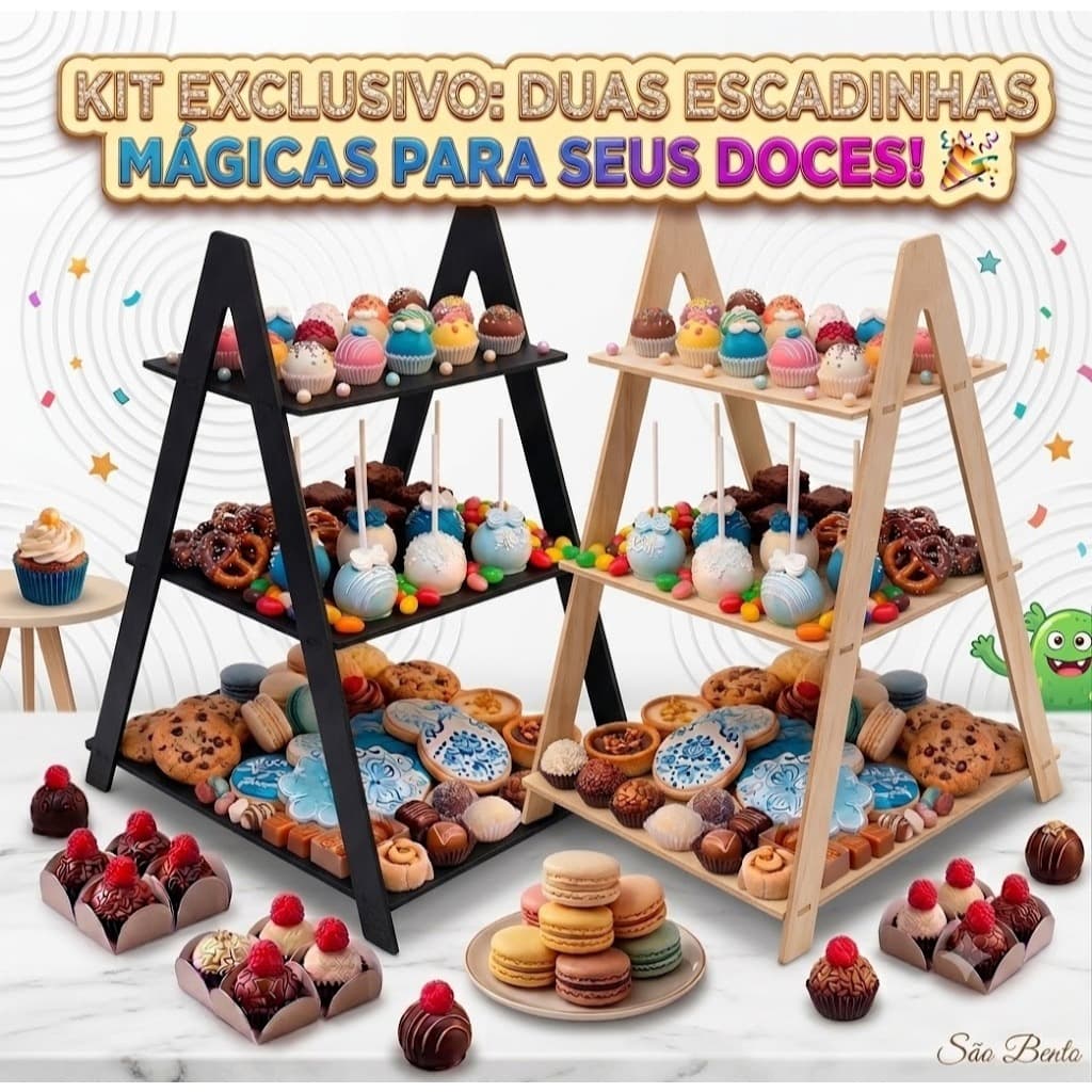 Escada 3 Andares MDF Cru E Preto Desmontável Suporte Decorativo Doces e Sobremesas
