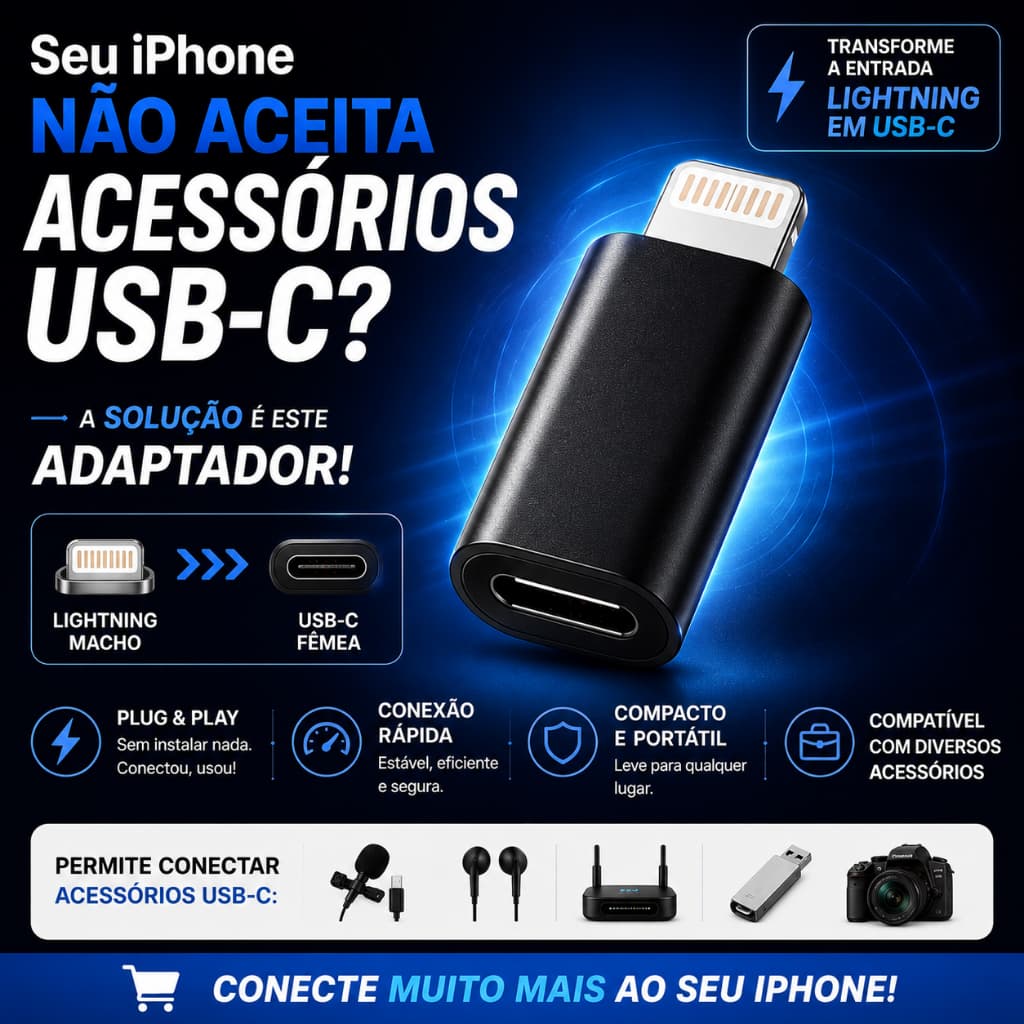 Adaptador USB C Para Lightning iPhone iPad Conversor USB C Fêmea Lightning Macho