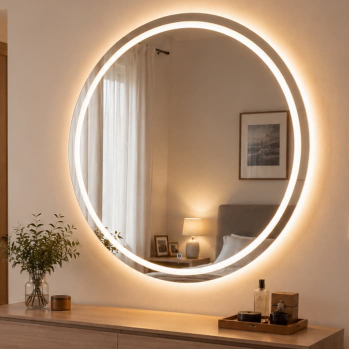 Espelho Jateado Redondo Grande com 3 Cores LED Touch Lapidado Decoração de Parede 60X60 CM