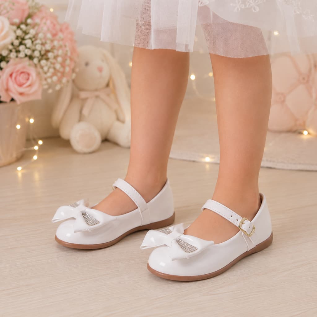 Sapatilha Bebê Menina Verniz com Laço Strass Elegante Confortável