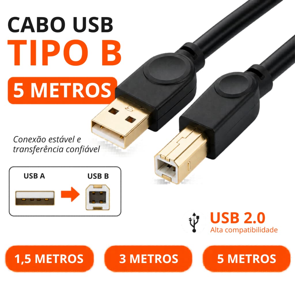 Cabo USB Tipo B com 5 metros para Impressora Scanner Multifuncional Teclado Piano Bateria Eletrônica