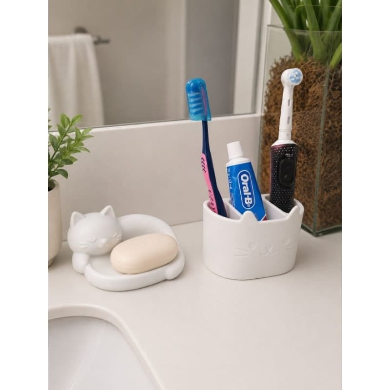 Kit Banheiro Gato Fofo Porta Escova de Dente e Pasta + Saboneteira Decorativa Organizador