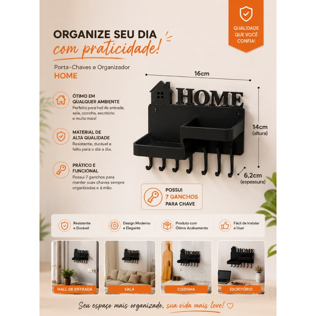 Suporte Organizador de Chaves para Parede Decoração Moderna para Sala Entrada Cozinha, Escritório e fácil de Instalar