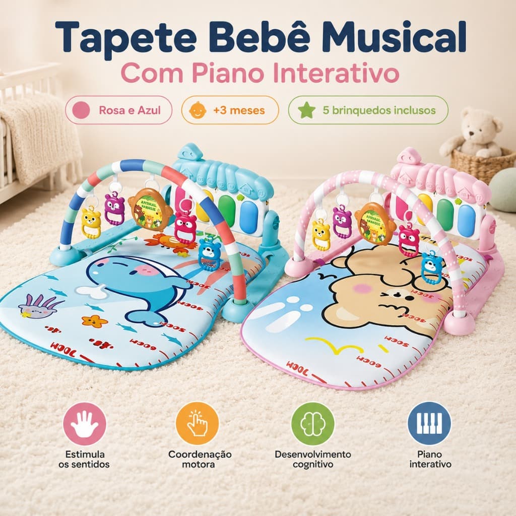 Tapete de Atividades Bebê Com Piano Musical Educativo Sensorial Interativo Rosa Azul Inmetro +3 Meses