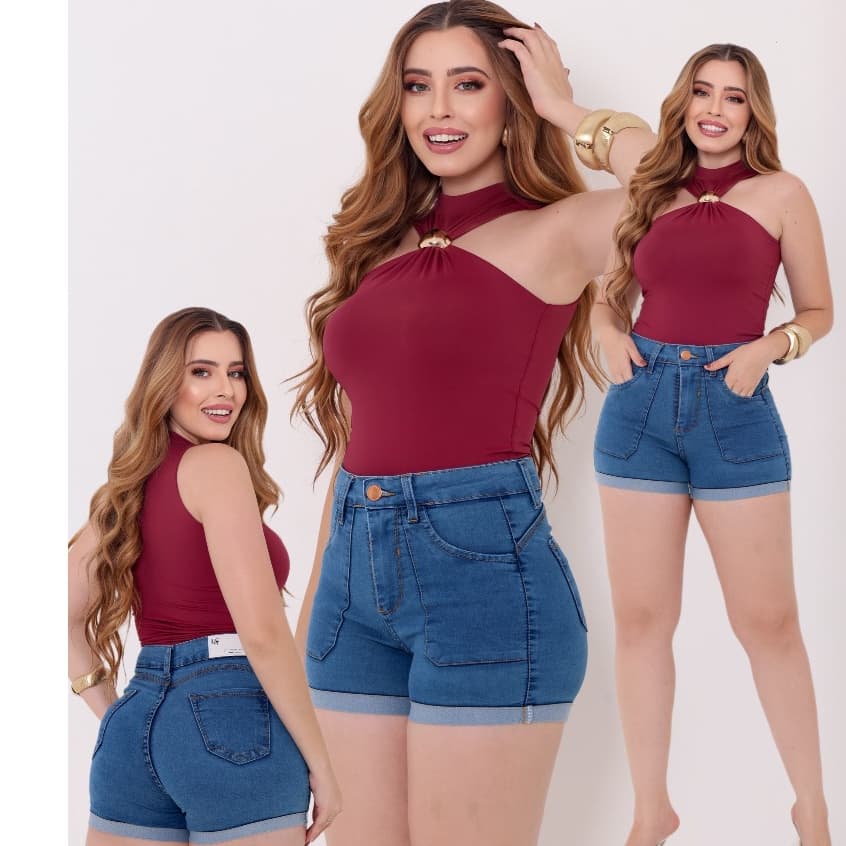 Short Jeans Feminino Com Bolso Frente Cintura Alta Com Elastano Lycra Barra Dobrada