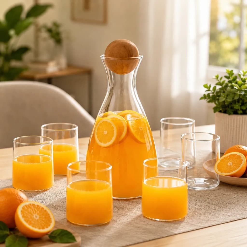 Kit Jarra De Suco e Agua De Vidro Borossilicato 1,7 Litros + 6 Copos 280ml  Com Tampa De Madeira