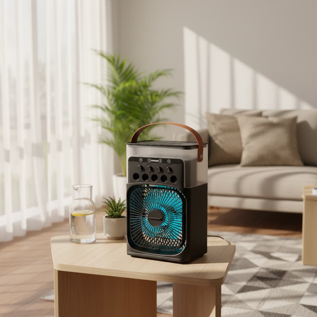 Mini Ventilador Climatizador Umidificador  Ar Mesa  Portátil Bivolt Led Silencioso  Econômico Preto