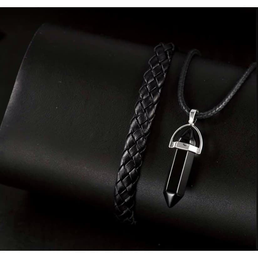 Kit Conjunto Colar Curto de Pedra Natural + Pulseira Bracelete de Couro Com Regulagem