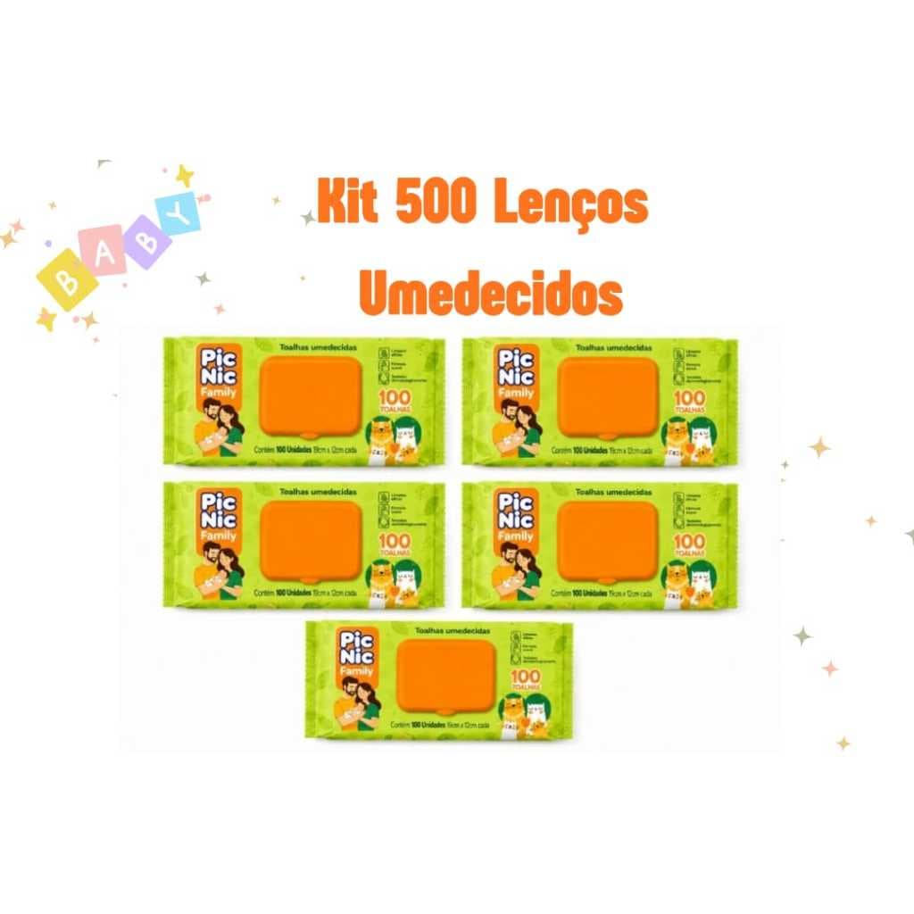 Kit 5 Pacotes Toalhas Umedecidas Pic Nic 500 Folhas Com Tampa  Lenço Umedecido Hipoalérgico