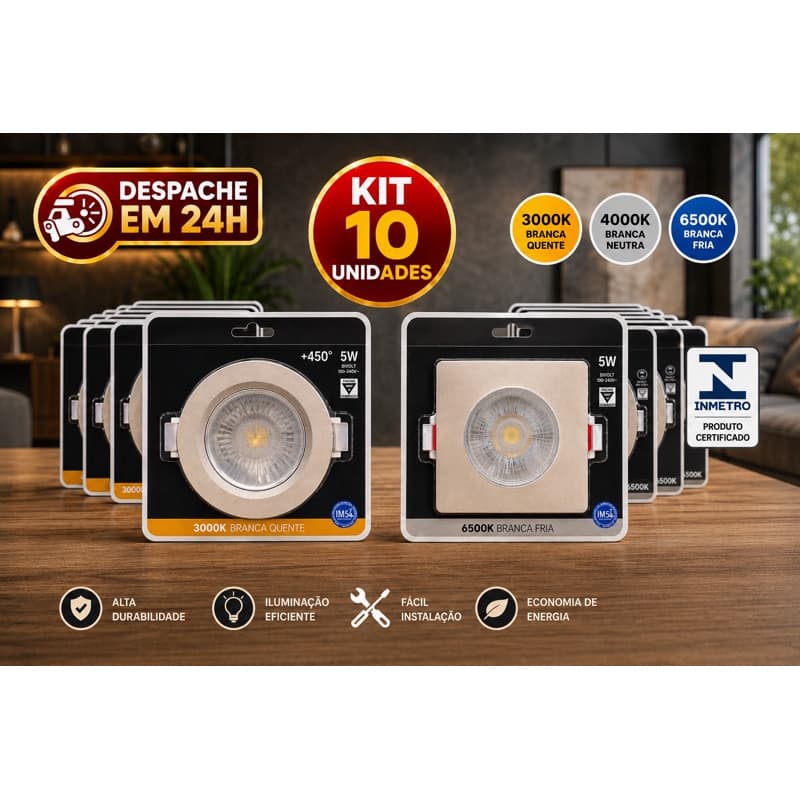 Kit 10 Spot LED 7W Embutir Bivolt Redondo ou Quadrado 3000K 6500K Branco Quente Frio 09X09 Dicrioca Gesso Drywall