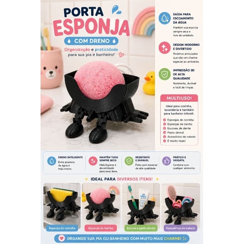 Porta Esponja com Dreno para Pia Organizador de Cozinha banheiro com Pés Articulados