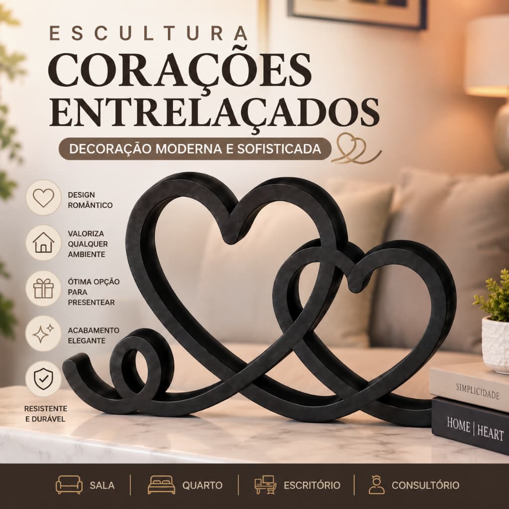 Escultura Corações Entrelaçados Decorativa Moderna Decoração Sala Quarto Mesa Consultórios