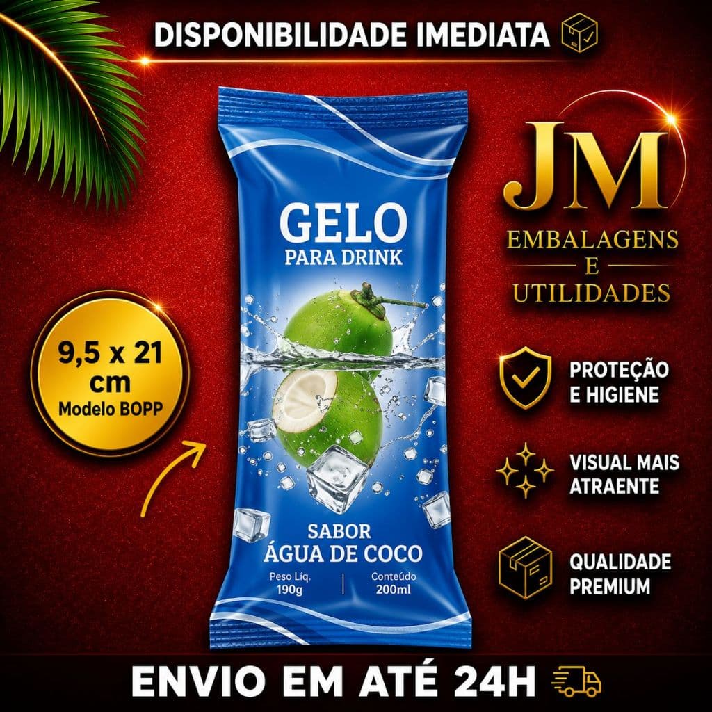 01 PACOTE Embalagem para Gelo Saborizado (Sabor Água de Coco) - 200 Embalagens Bopp 9,5 x 21 Saco Higienico Externo