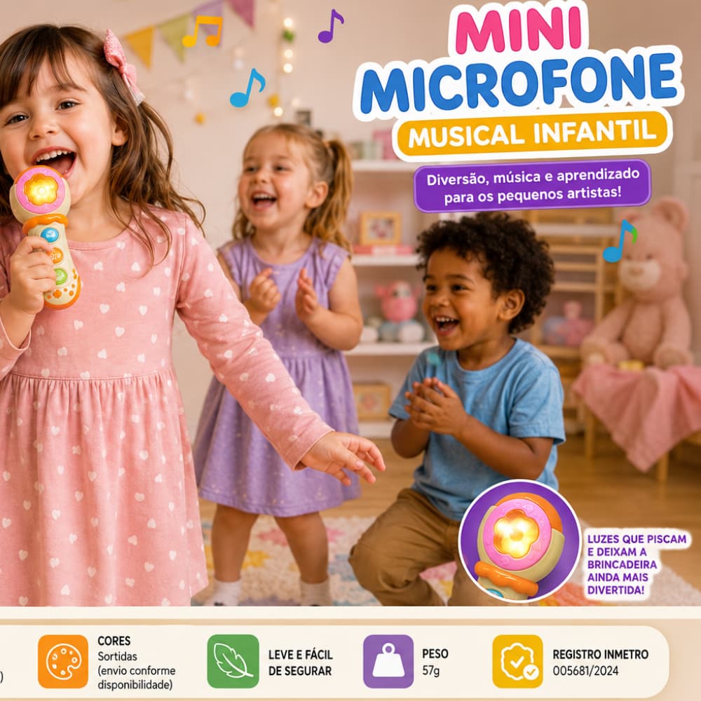 Mini Microfone Musical Infantil com Luzes e Sons: + 18 meses, Estimula audição, visão e coordenação