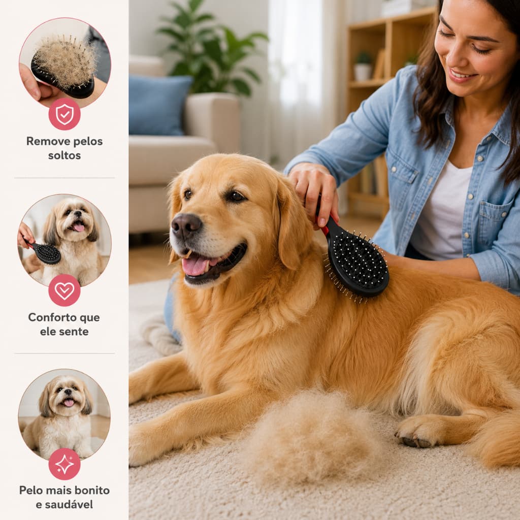 Escova Dupla Face Pet Remocao Pelos Conforto Cuidado Animal 21cm Preta Cães Gatos Cachorro Filhote