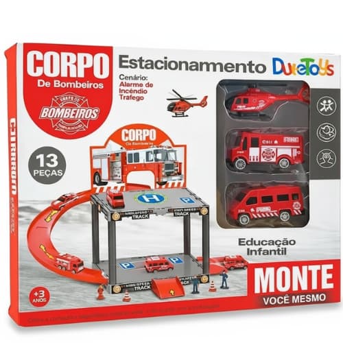 Estacionamento Infantil Pista de Veiculos Bombeiros Helicoptero Brinquedo Montar 13 Pecas Educativo