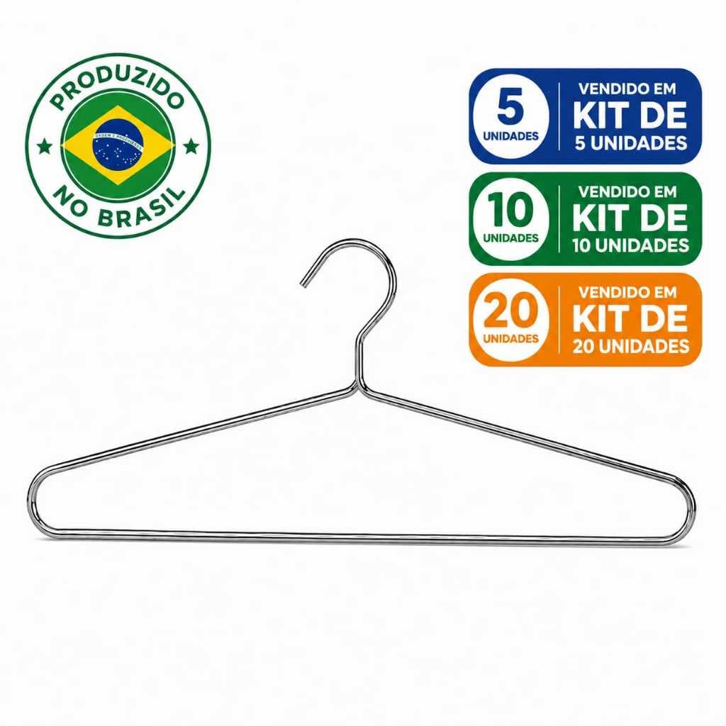 Cabide Premium Cromado Reforçado Closet Arara durável e firme, não deforma, 5mm Robusto e Resistente