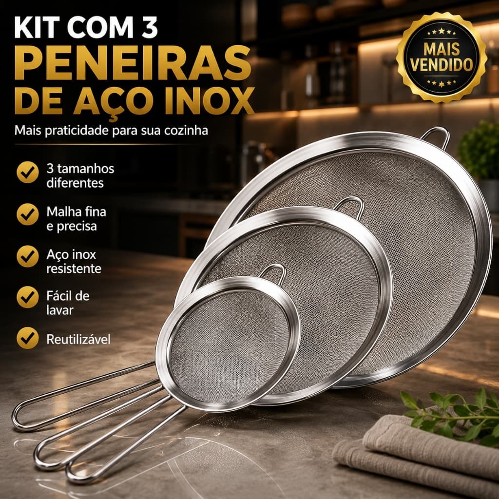 KIT 3 Peneira Coador de Aço Inoxidável Para Cozinha Massas Malha Fina 8cm 14cm 18cm
