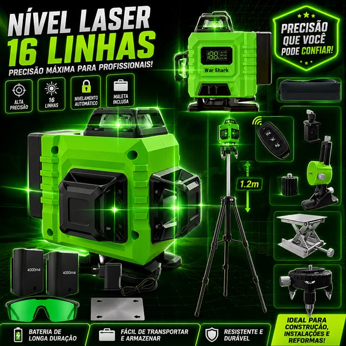 Nível Laser 16 Linhas Profissional  Verde Nível 360° Auto-Nivelante 4D + Tripé 1.2m + 40m + 4000mAh Baterias*2 War Shark