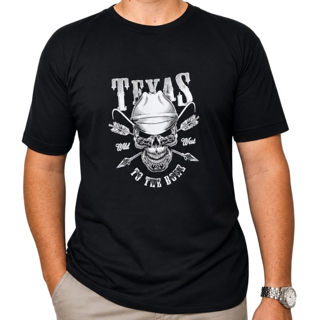 Camiseta Masculina Country Caveira Texas 100% Algodão Casual e Moderno Fio 30.1 Básica