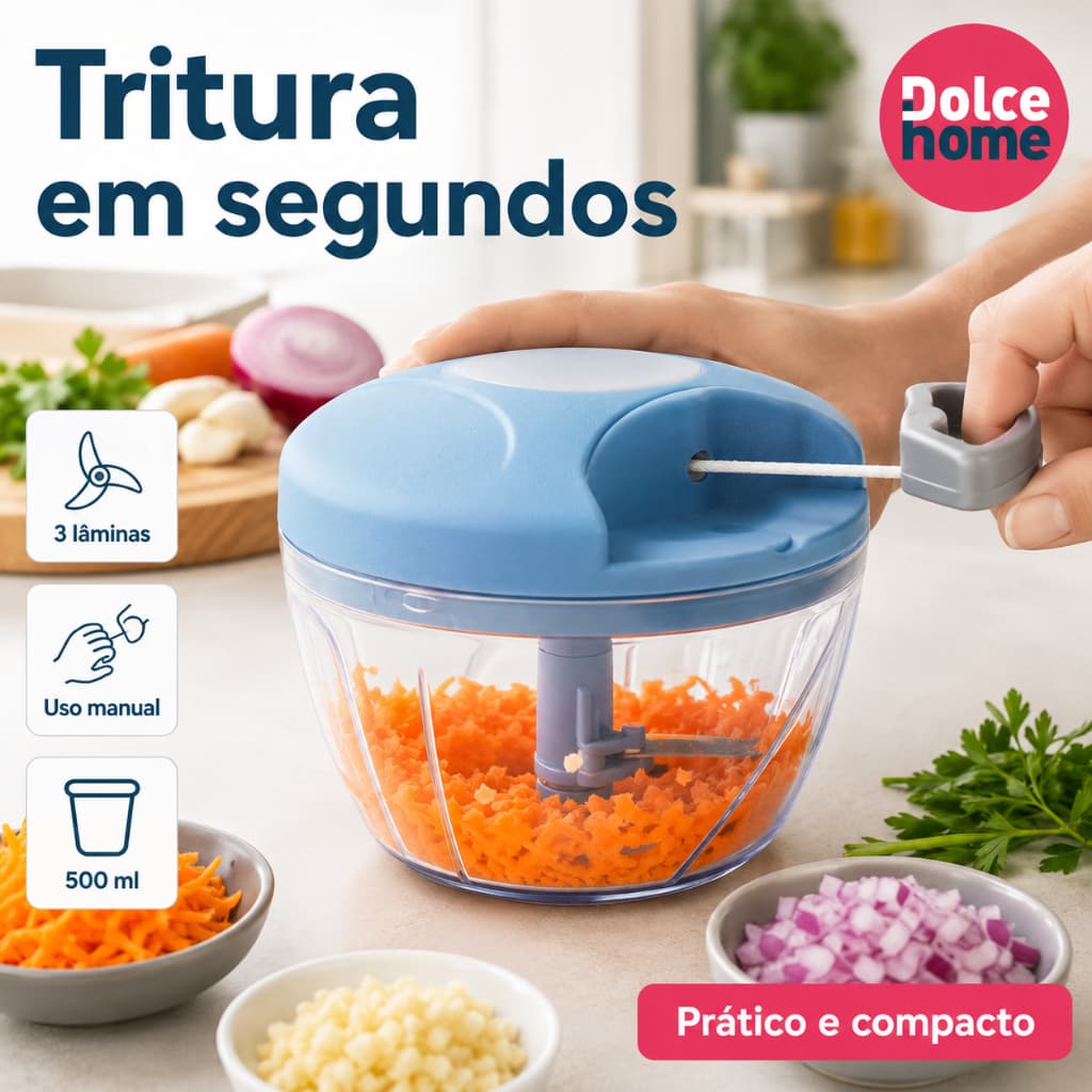 Processador Triturador Manual de Alimentos Alho Legumes Frutas 500ml – 3 Lâminas Portátil