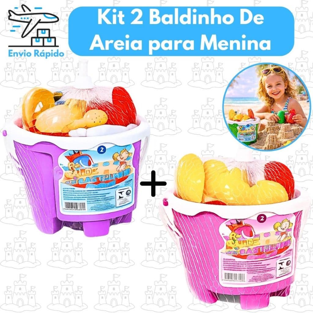 Kit 2 Baldinhos De Areia Infantil Menina 6 Acessórios Castelo Praia Pá Bichos