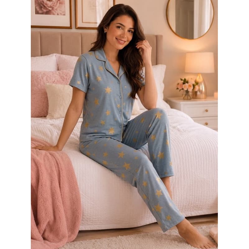 Pijama Feminino Conforto Estrelado Bloguerinha Americano inverno amamentação gestante.