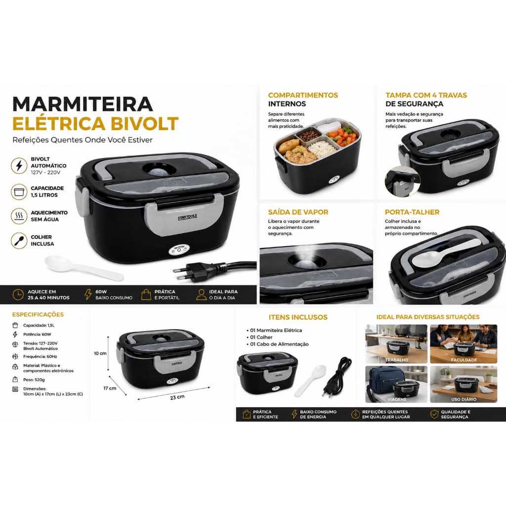 Marmiteira Eletrica Termica Bivolt Compacta Preta Portatil Aquecimento Alimentos Carro Trabalho