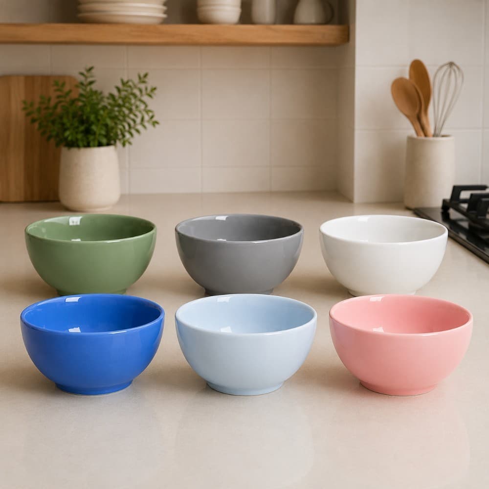 Kit 6 Bowls Tigelas Porcelana 300ml Coloridas Sortidas Modernas Café Sobremesa Mesa Posta