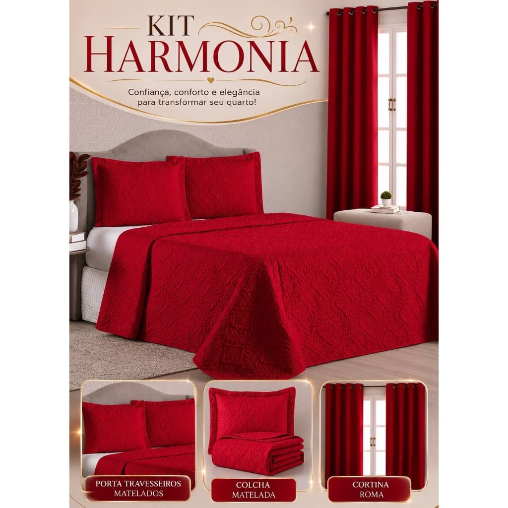 Kit Quarto Harmonia Decorativo – Cobre Leito Luxo + Cortina Roma 3M + Porta Travesseiros