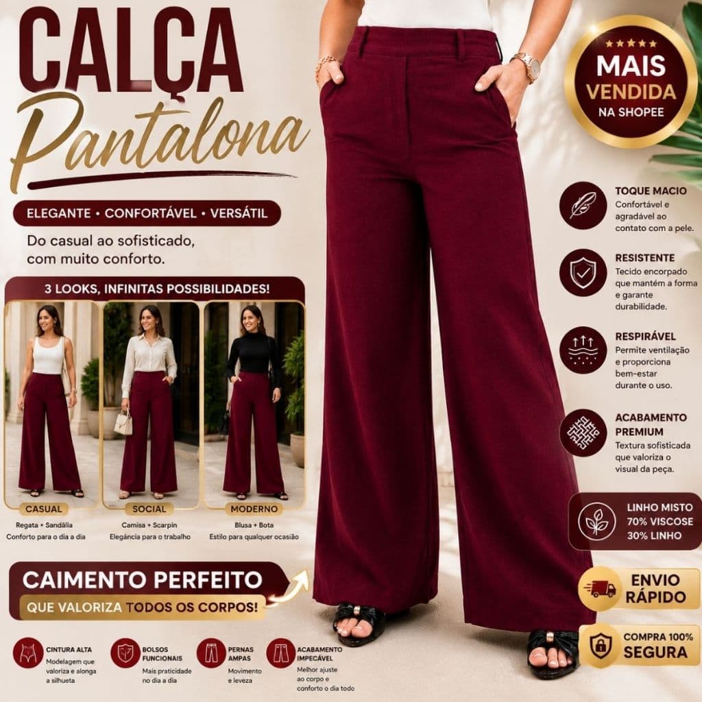 Calça Pantalona Feminina Linho Viscose Cintura Alta Social Elegante Wide Bolsos Premium Elegante