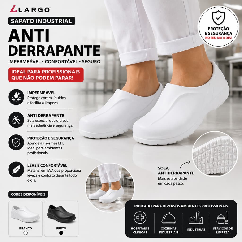 Sapato Industrial Anti Derrapante Impermeável Babuche Enfermagem EPI Cozinha