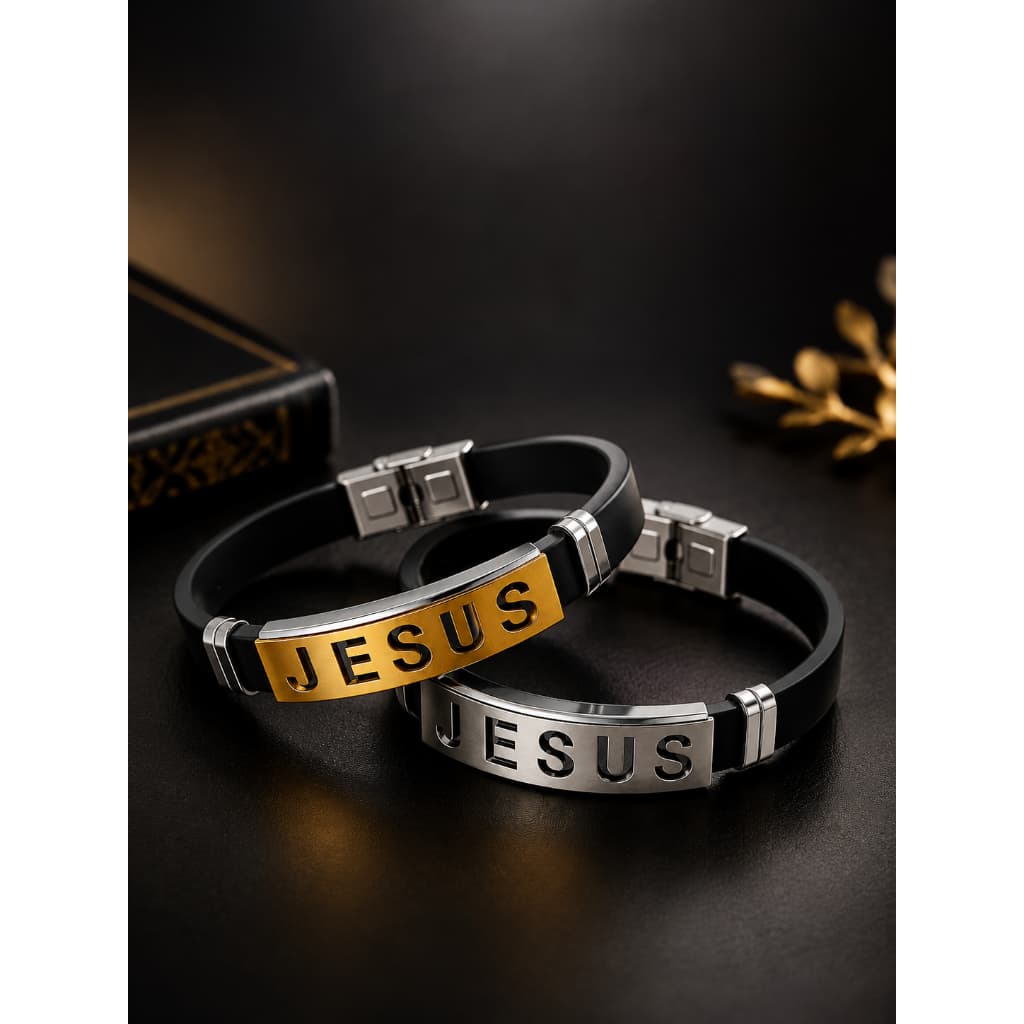Pulseira Jesus Silicone Premium Aço Inox | Dourada ou Prata | Ajustável