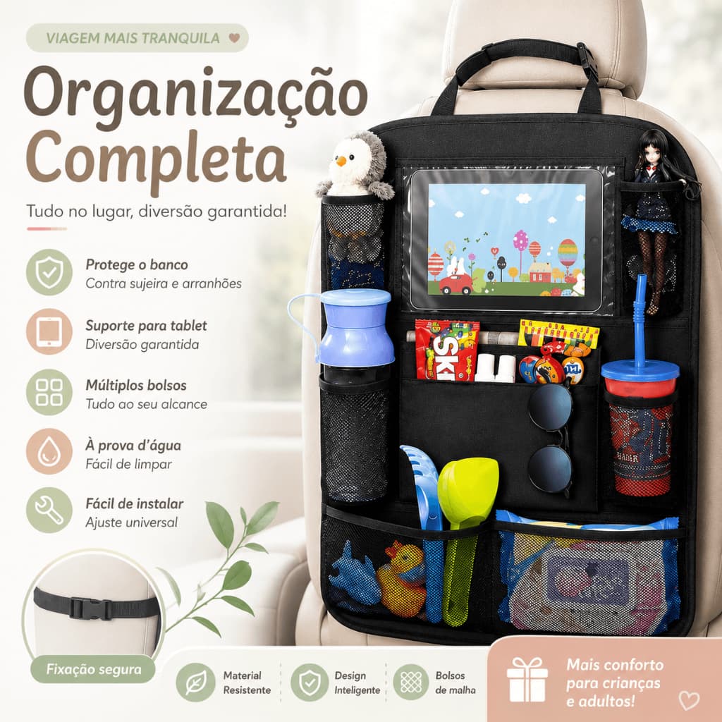Organizador de Banco para Carro com Múltiplos Bolsos e Suporte para Tablet