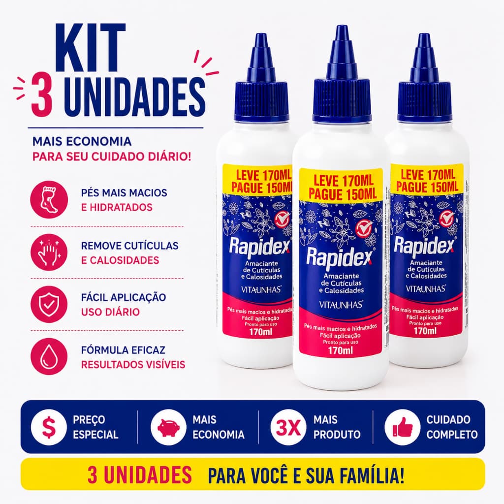 Kit 3 Amaciante de Cutículas e Calosidades Vitaunhas Rapidex 170ml Spa dos Pés Mãos Unhas Manicure Pedicure Profissional