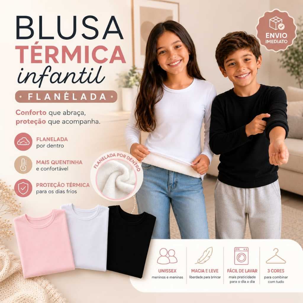 Blusa Térmica Infantil Segunda Pele Flanelada Unissex Inverno Quentinha Menino Menina