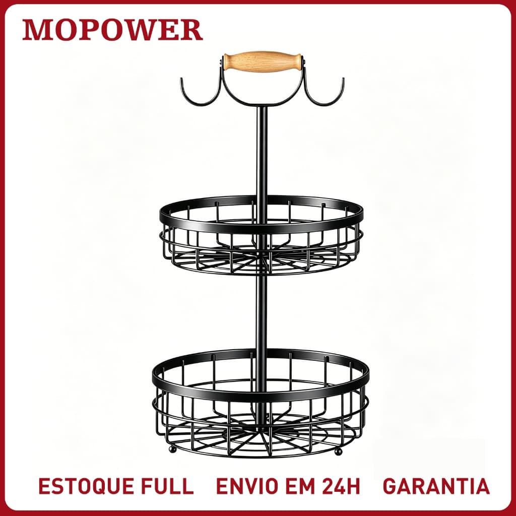Fruteira Aramada Para Mesa Resistente 2 Andares Cesto Organizador de Frutas Legumes Metal Preta
