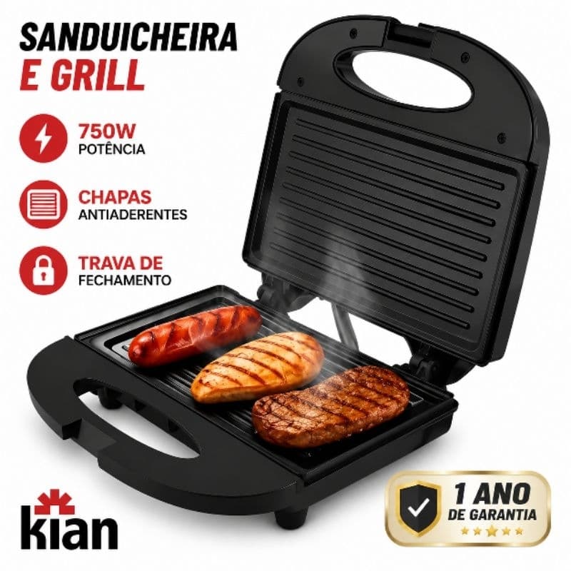 Sanduicheira Grill Elétrica 220 volts Kian 750W Antiaderente Faz Sanduíche Grelha Carne Frango Hambúrguer
