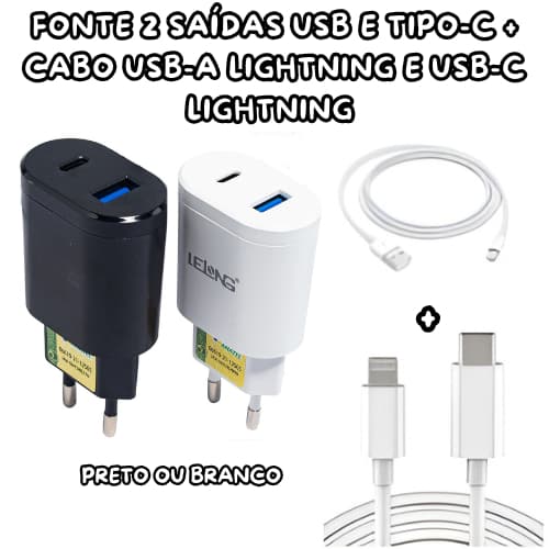 CARREGADOR DE PAREDE 2 SAÍDAS USB E TIPO-C + 2 CABOS CABOS COMPATÍVEL COM IOS IPHONE USB-A/USB-C
