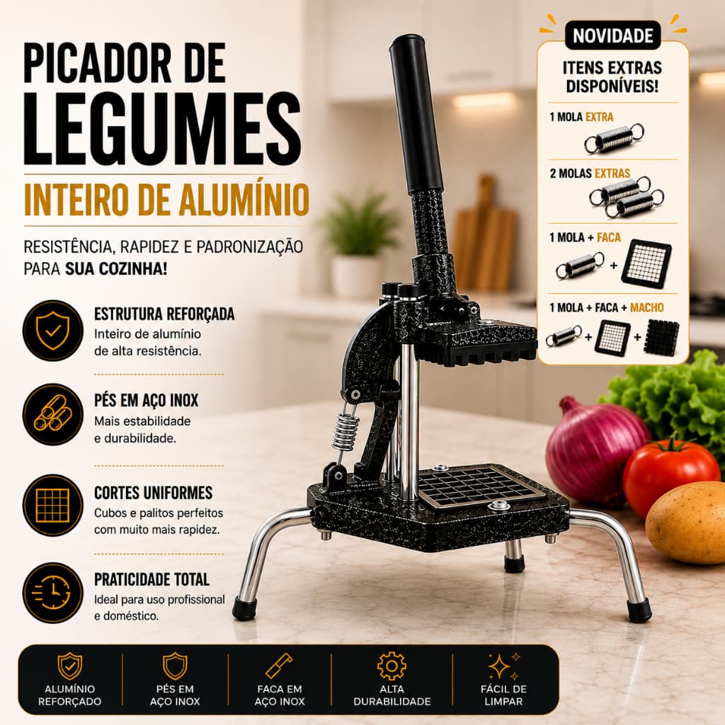 Picador de Legumes Profissional Inteiro em Alumínio com Pés em Inox Corte Batata Tomate Cebola