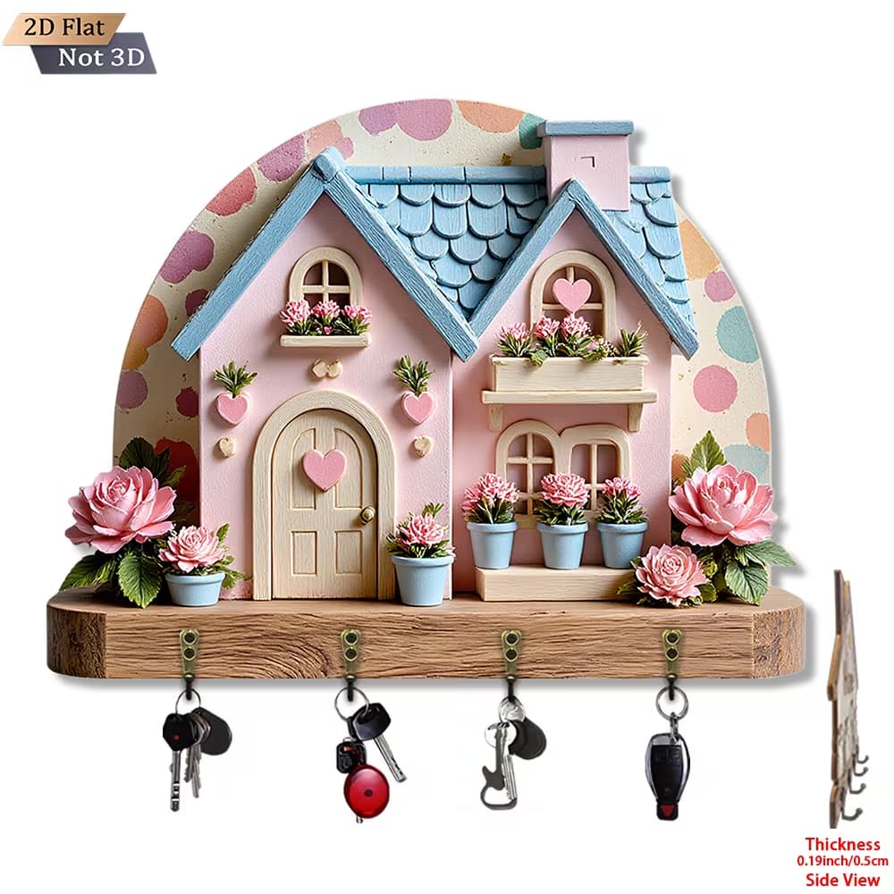 1 peça Gancho de Chaves Plano 2D Casa Floral e Coração Casa  Rosa - Elegante, Porta-chaves Decorativo de Madeira