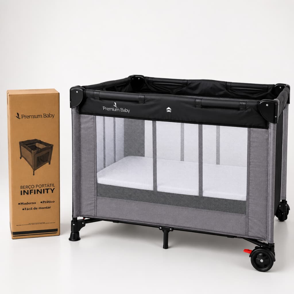 Berço Cercado Portátil Para Bebê Infinity Premium Baby Cinza