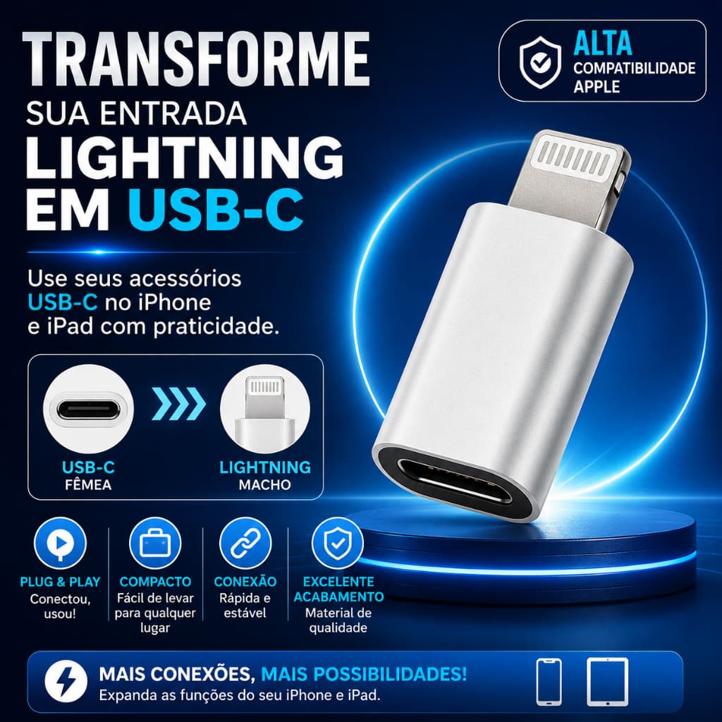 Adaptador USB C Para Lightning iPhone iPad Conversor USB Tipo C Fêmea Para Lightning Macho